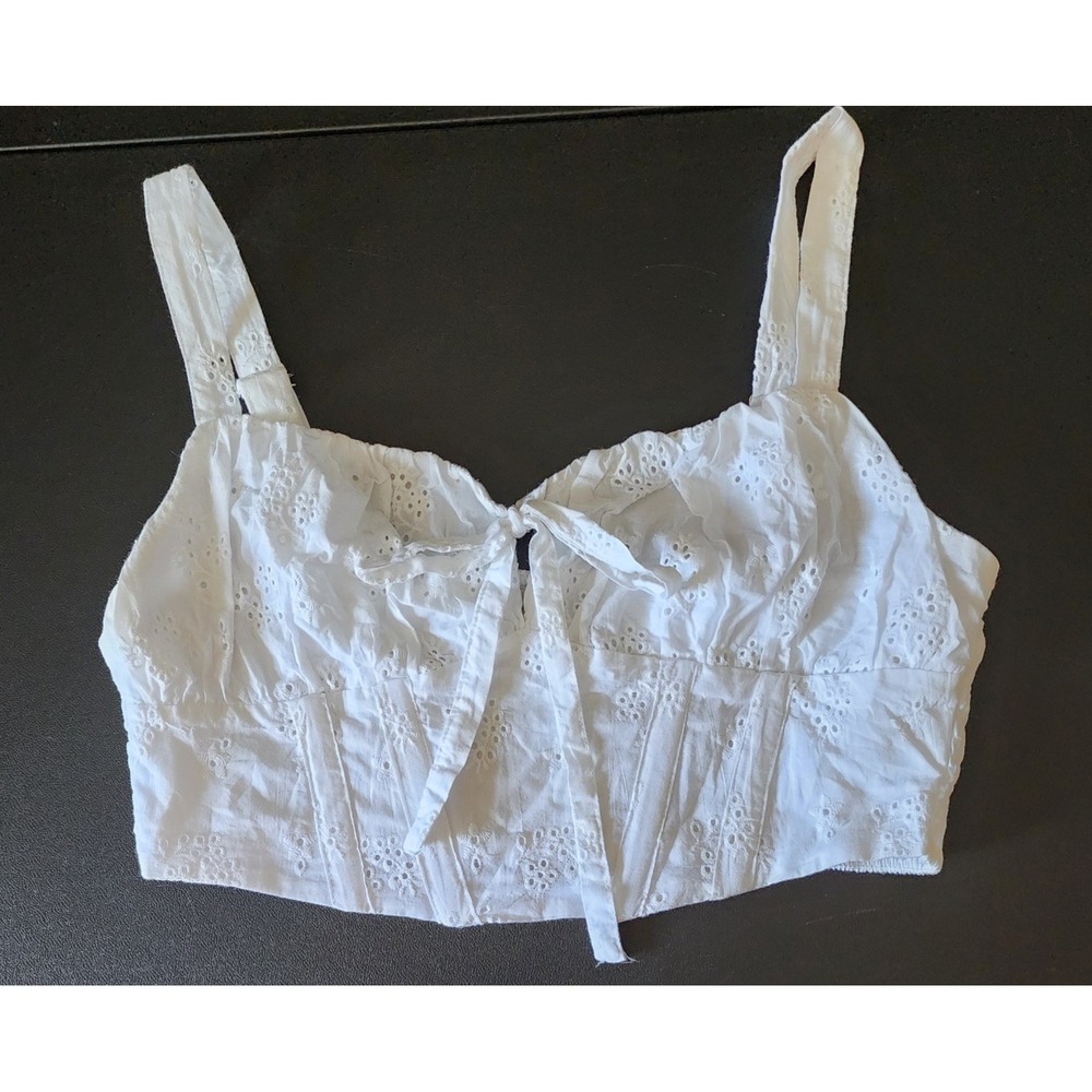 Love Tree Milkmaid 100%‎ Cotton Crop Top White Eyelet Lace Corset Tie Front L